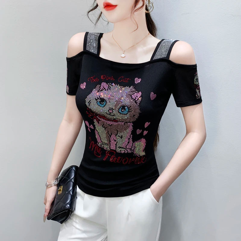 Shiny Cartoon Mesh Off-Shoulder Tee – Summer Sparkle Women’s Top