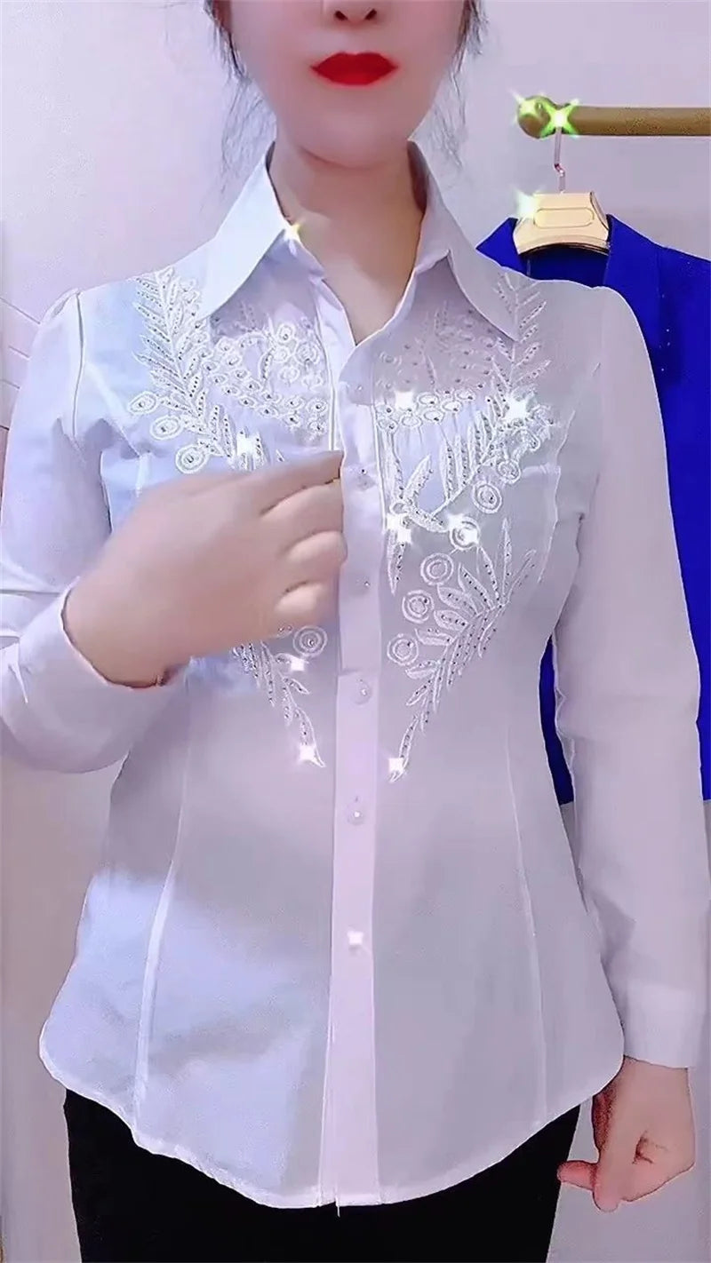 Elegance Stitch Rhinestone Shirt – Chic White, Red & Blue Women's Blouse