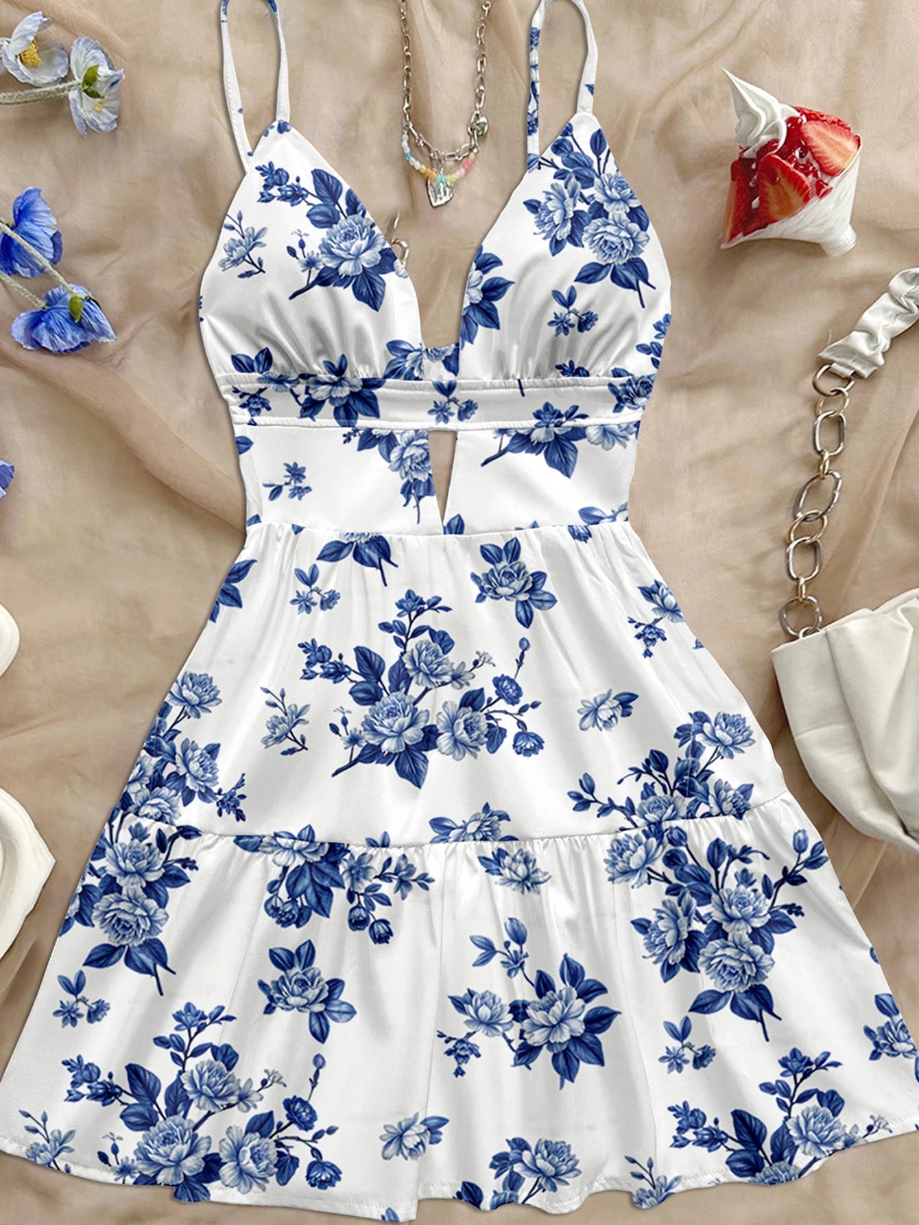 Azure Paradise Short Dress – Boho Floral Holiday Look