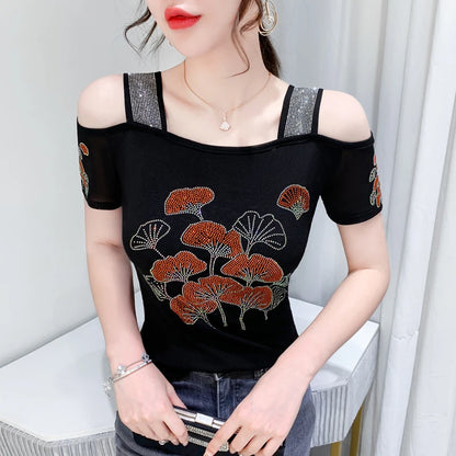 Shiny Cartoon Mesh Off-Shoulder Tee – Summer Sparkle Women’s Top
