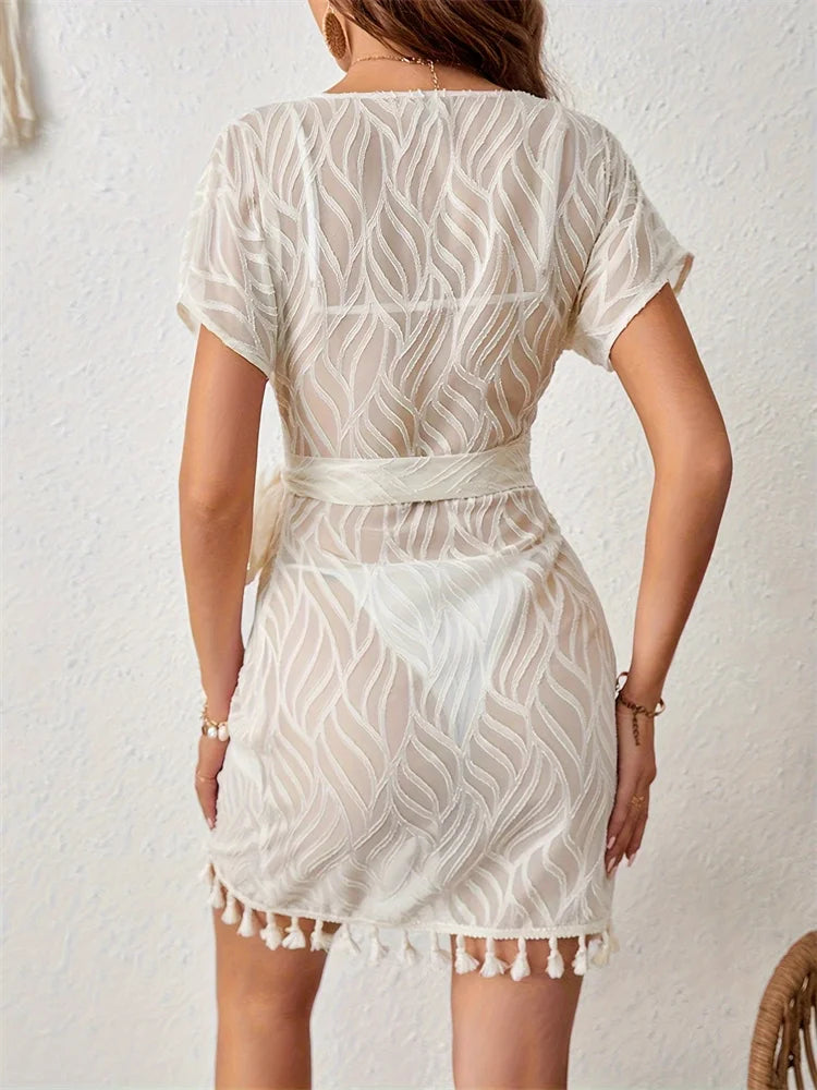 Elegant Shore Lace Cover-Up Dress – White Beach Tunic for Women
