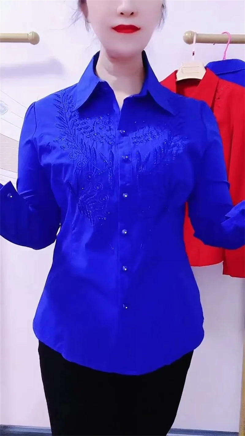 Elegance Stitch Rhinestone Shirt – Chic White, Red & Blue Women's Blouse