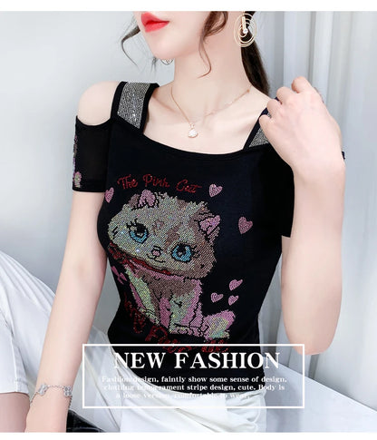 Shiny Cartoon Mesh Off-Shoulder Tee – Summer Sparkle Women’s Top