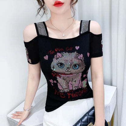 Shiny Cartoon Mesh Off-Shoulder Tee – Summer Sparkle Women’s Top