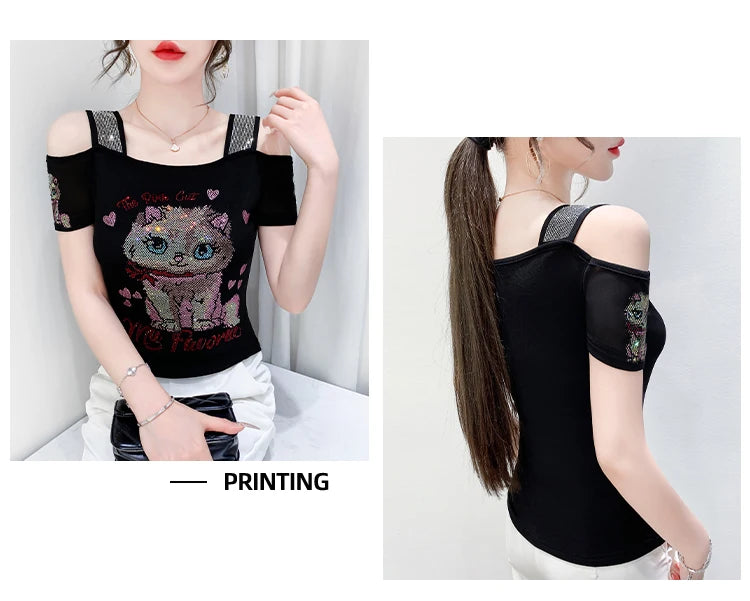 Shiny Cartoon Mesh Off-Shoulder Tee – Summer Sparkle Women’s Top