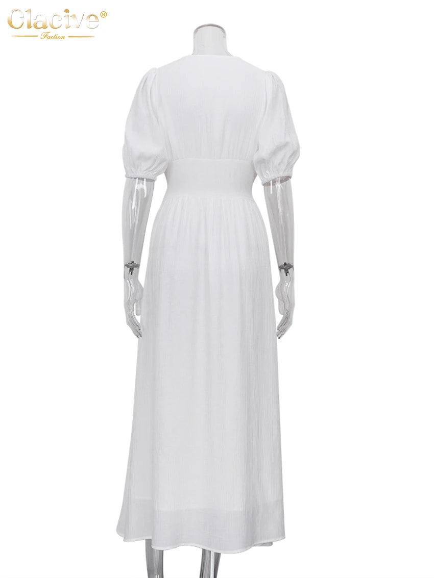 Elegant Essence White V-Neck Midi Dress – Chic Summer Party Style