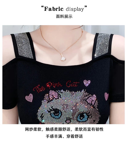 Shiny Cartoon Mesh Off-Shoulder Tee – Summer Sparkle Women’s Top