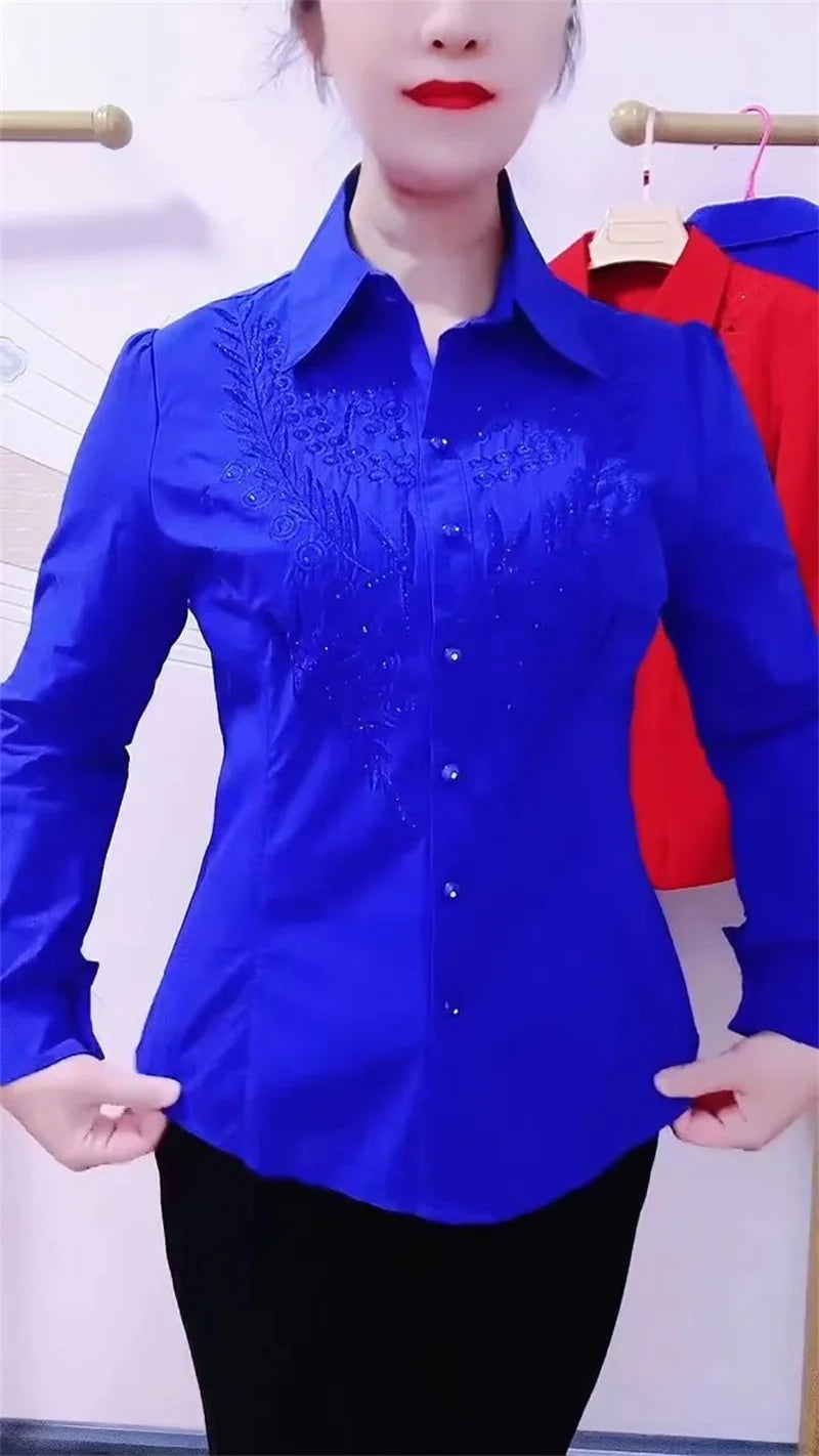 Elegance Stitch Rhinestone Shirt – Chic White, Red & Blue Women's Blouse