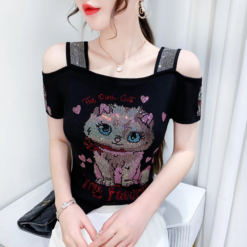 Shiny Cartoon Mesh Off-Shoulder Tee – Summer Sparkle Women’s Top