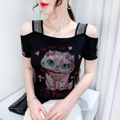 Shiny Cartoon Mesh Off-Shoulder Tee – Summer Sparkle Women’s Top