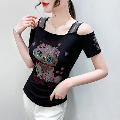 Shiny Cartoon Mesh Off-Shoulder Tee – Summer Sparkle Women’s Top