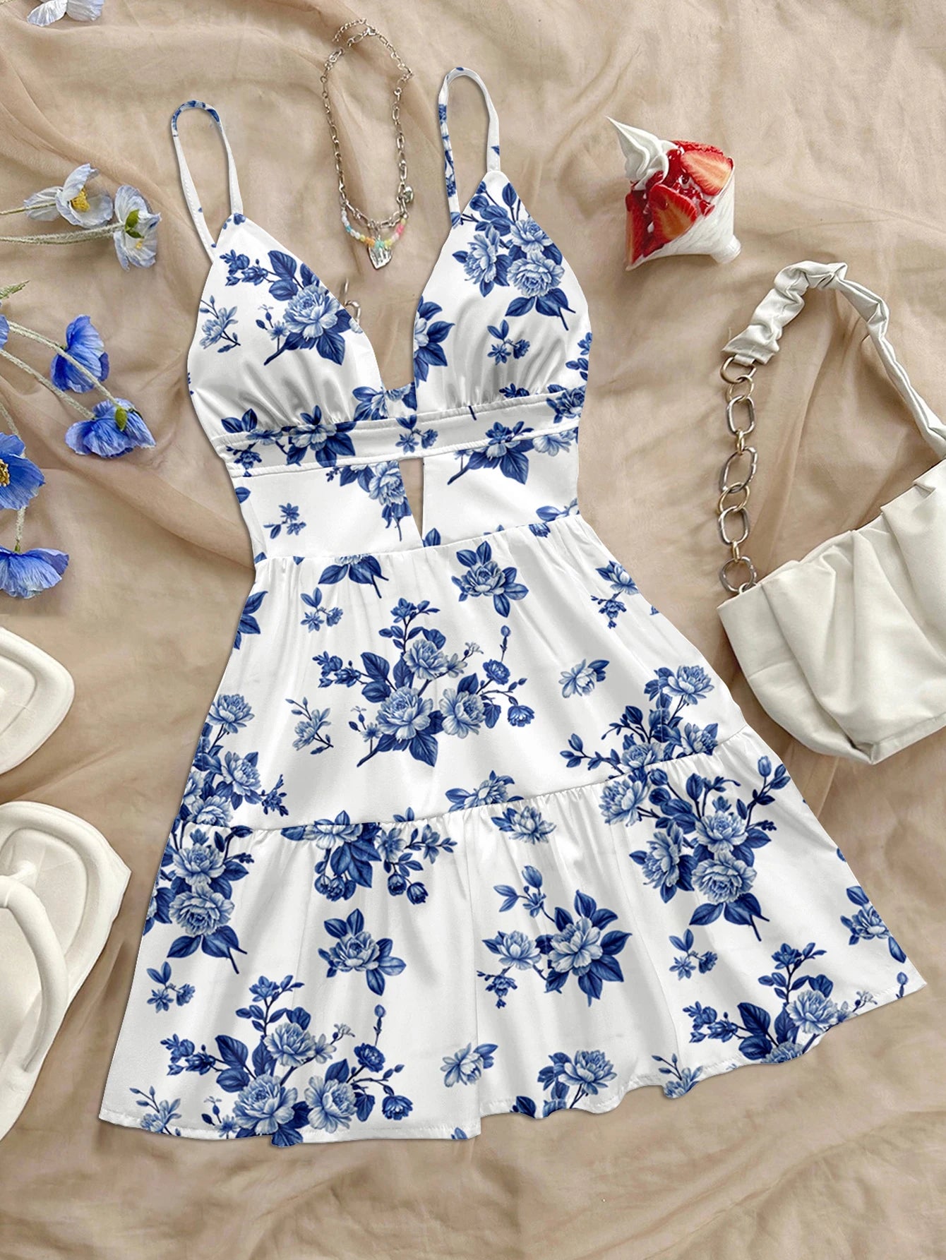 Azure Paradise Short Dress – Boho Floral Holiday Look