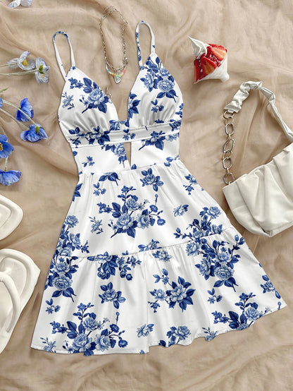 Azure Paradise Short Dress – Boho Floral Holiday Look