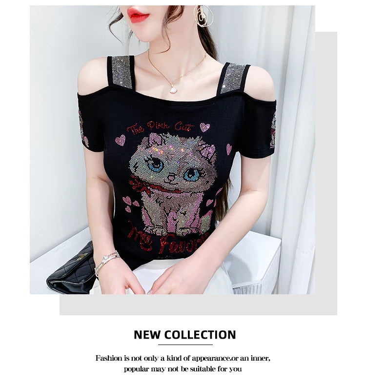 Shiny Cartoon Mesh Off-Shoulder Tee – Summer Sparkle Women’s Top