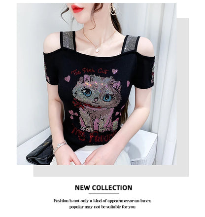 Shiny Cartoon Mesh Off-Shoulder Tee – Summer Sparkle Women’s Top