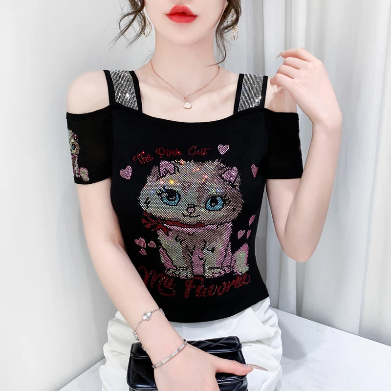 Shiny Cartoon Mesh Off-Shoulder Tee – Summer Sparkle Women’s Top