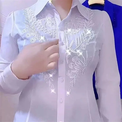 Elegance Stitch Rhinestone Shirt – Chic White, Red & Blue Women's Blouse