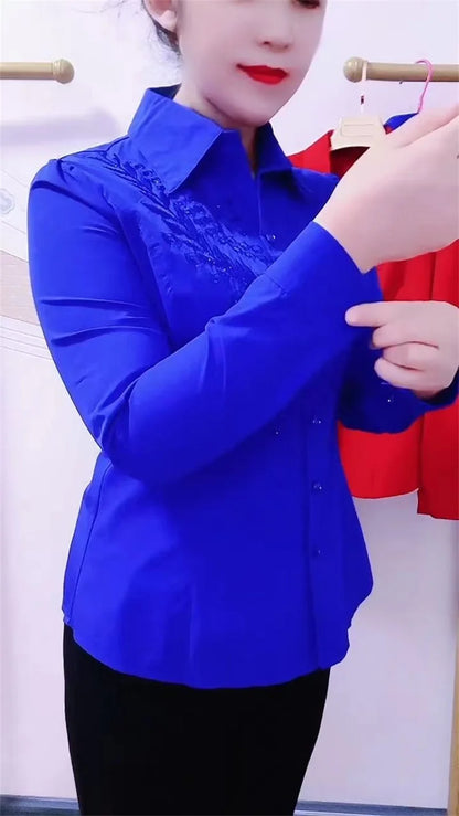 Elegance Stitch Rhinestone Shirt – Chic White, Red & Blue Women's Blouse