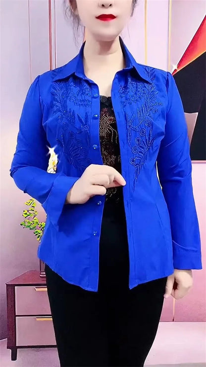 Elegance Stitch Rhinestone Shirt – Chic White, Red & Blue Women's Blouse