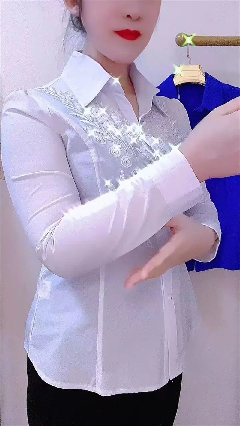 Elegance Stitch Rhinestone Shirt – Chic White, Red & Blue Women's Blouse