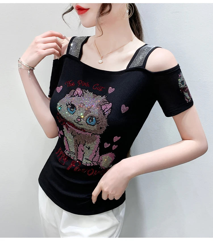 Shiny Cartoon Mesh Off-Shoulder Tee – Summer Sparkle Women’s Top