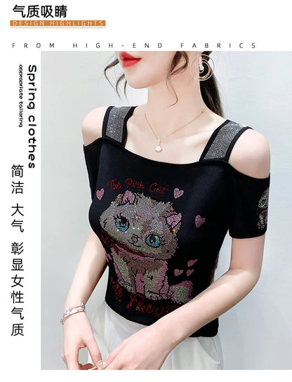 Shiny Cartoon Mesh Off-Shoulder Tee – Summer Sparkle Women’s Top