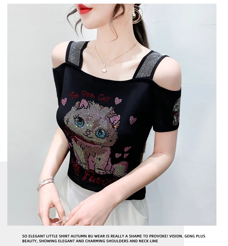 Shiny Cartoon Mesh Off-Shoulder Tee – Summer Sparkle Women’s Top