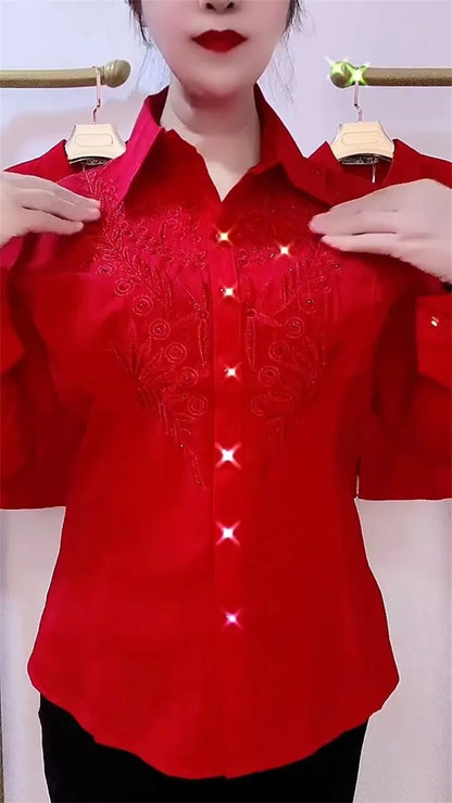 Elegance Stitch Rhinestone Shirt – Chic White, Red & Blue Women's Blouse