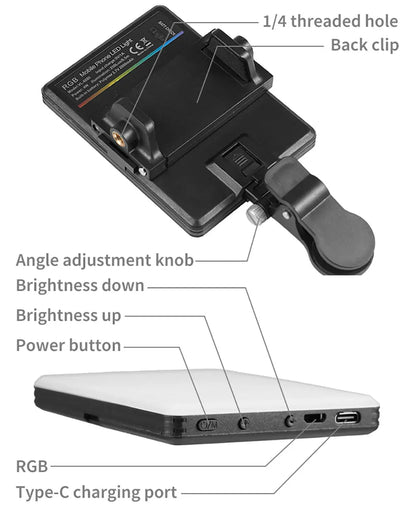 Mini luz LED RGB de relleno con clip: iluminación compacta para vlogs, selfies y vídeos