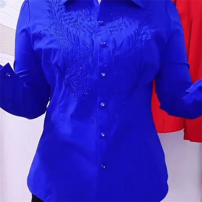 Elegance Stitch Rhinestone Shirt – Chic White, Red & Blue Women's Blouse