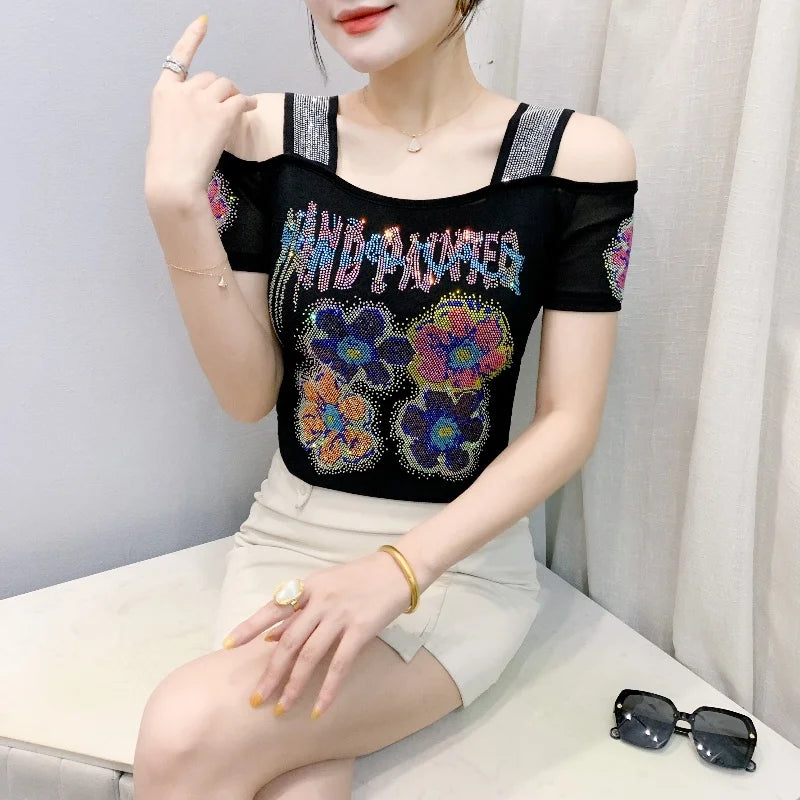 Shiny Cartoon Mesh Off-Shoulder Tee – Summer Sparkle Women’s Top