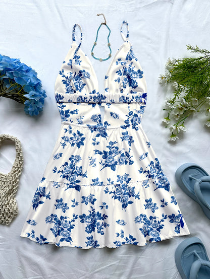 Azure Paradise Short Dress – Boho Floral Holiday Look