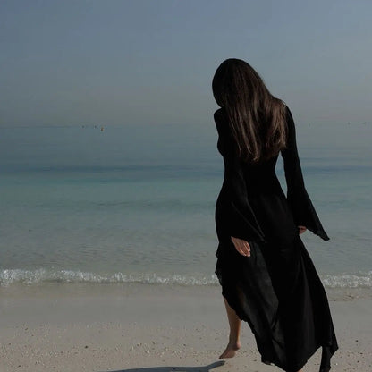 Sunkissed Elegance Chiffon Beach Dress – Black & White Summer Style