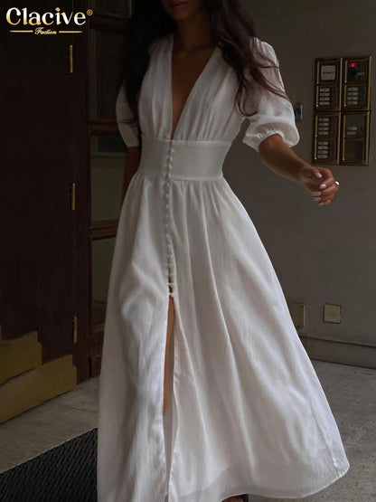 Elegant Essence White V-Neck Midi Dress – Chic Summer Party Style