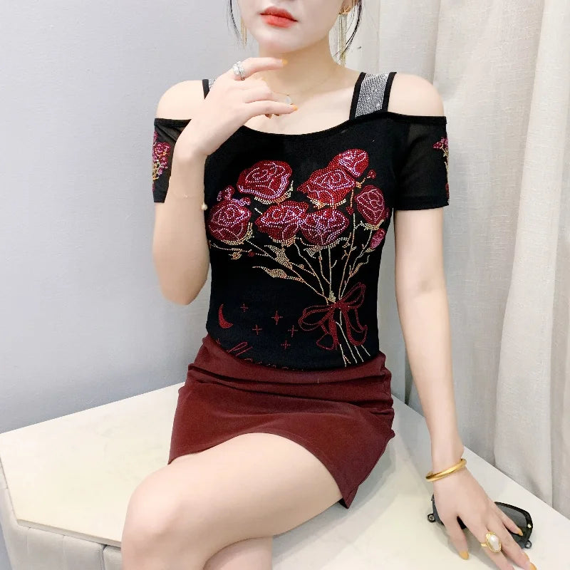 Shiny Cartoon Mesh Off-Shoulder Tee – Summer Sparkle Women’s Top