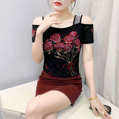 Shiny Cartoon Mesh Off-Shoulder Tee – Summer Sparkle Women’s Top