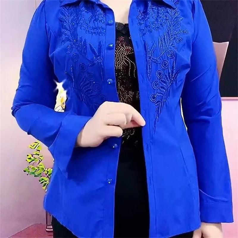 Elegance Stitch Rhinestone Shirt – Chic White, Red & Blue Women's Blouse