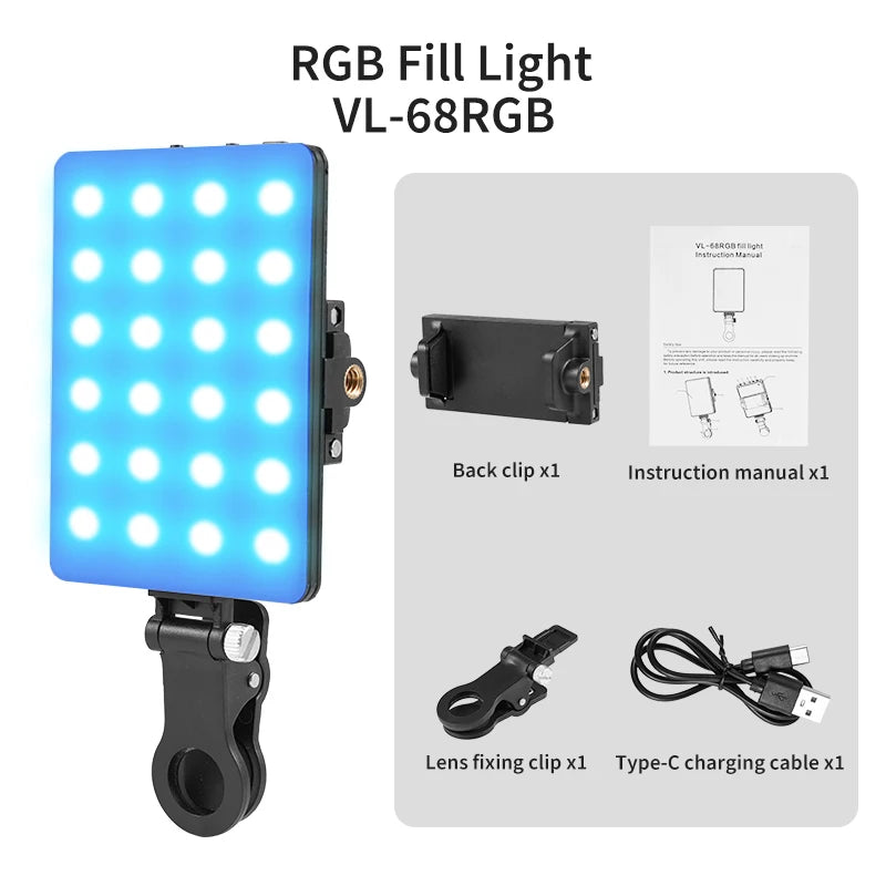 Mini luz LED RGB de relleno con clip: iluminación compacta para vlogs, selfies y vídeos