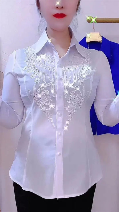 Elegance Stitch Rhinestone Shirt – Chic White, Red & Blue Women's Blouse