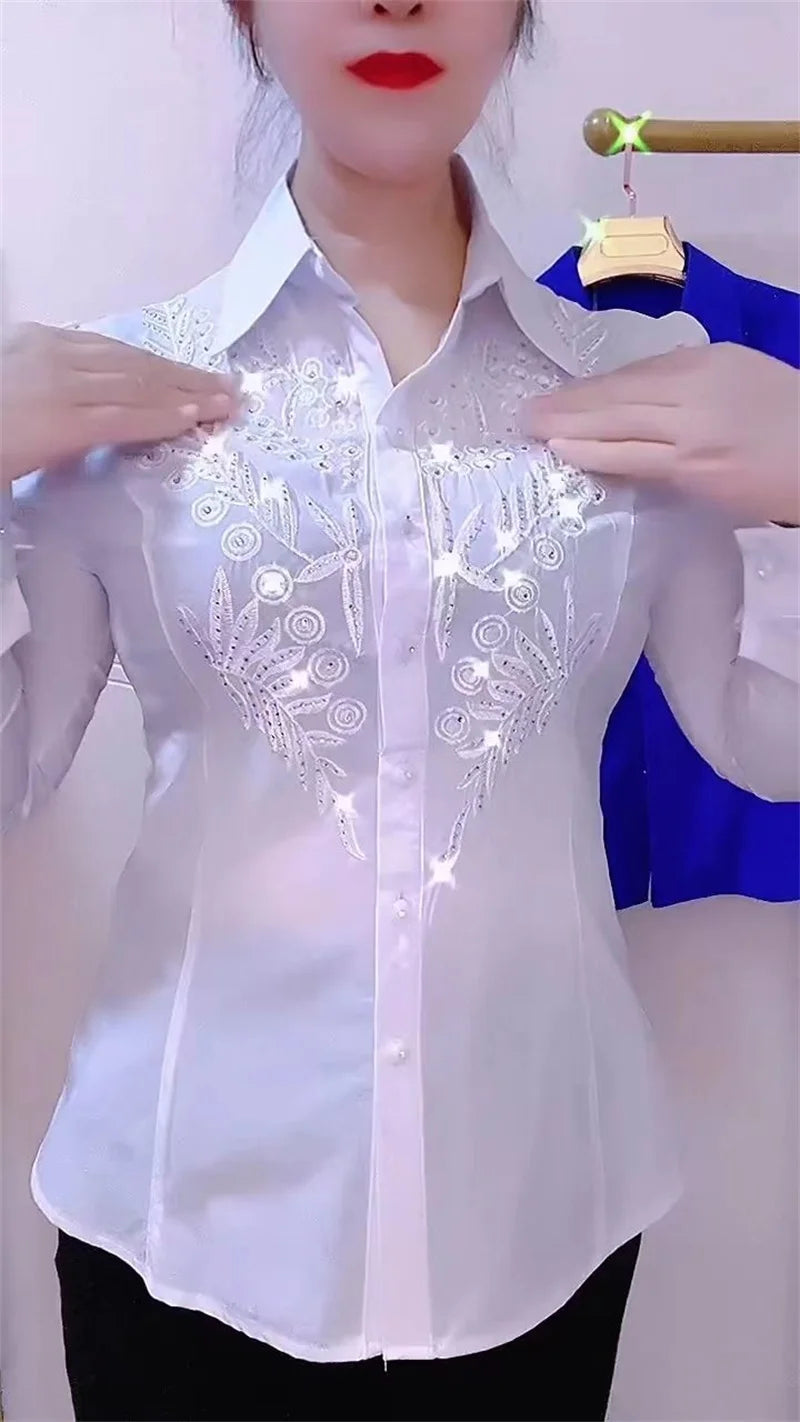 Elegance Stitch Rhinestone Shirt – Chic White, Red & Blue Women's Blouse