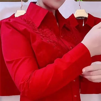 Elegance Stitch Rhinestone Shirt – Chic White, Red & Blue Women's Blouse