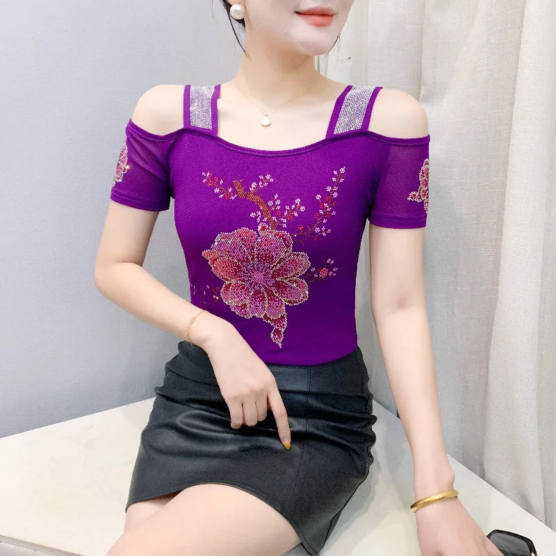 Shiny Cartoon Mesh Off-Shoulder Tee – Summer Sparkle Women’s Top