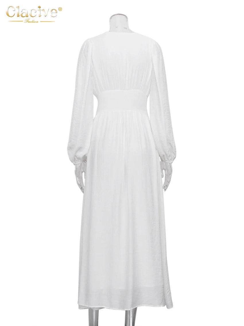 Elegant Essence White V-Neck Midi Dress – Chic Summer Party Style