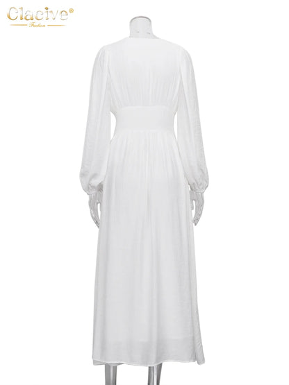 Elegant Essence White V-Neck Midi Dress – Chic Summer Party Style