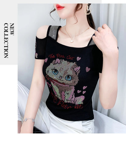 Shiny Cartoon Mesh Off-Shoulder Tee – Summer Sparkle Women’s Top