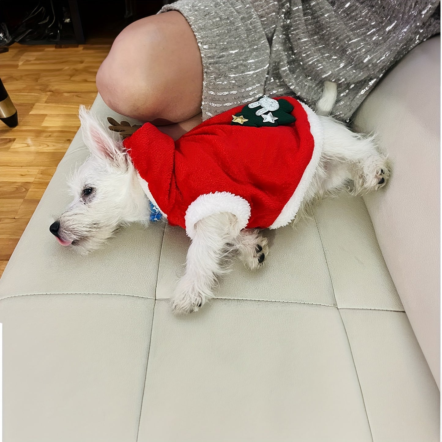 Christmas Dog Hoodie with Antlers – Santa Hat Pet Costume for Small Breeds – Warm Winter Knit Dress