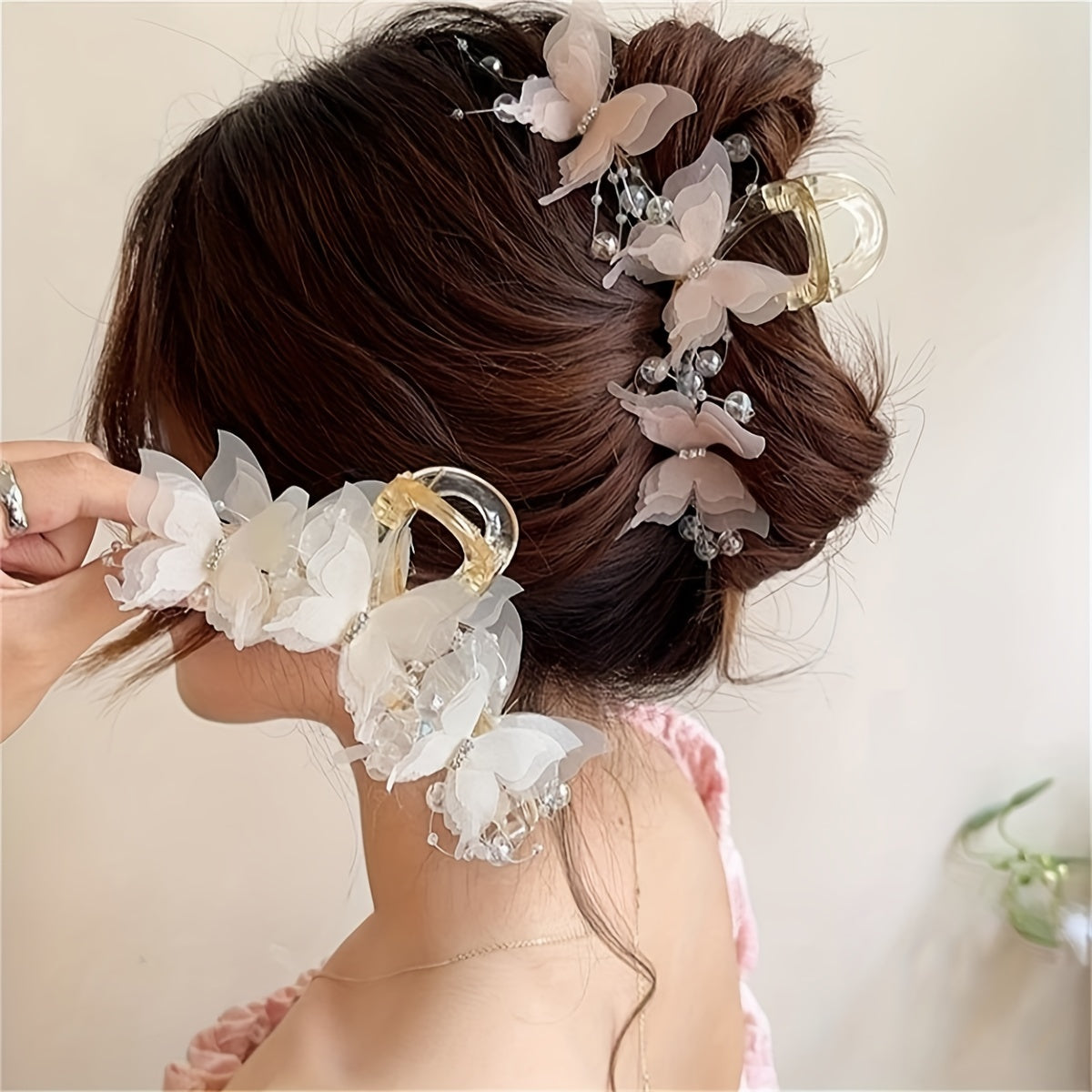 Elegant Butterfly Hair Claw with Rhinestones & Beads - Y2K Inspired, Large Fairy-Style Shark Clip for Women - Perfect for Weddings, Christmas & New Year Gifts