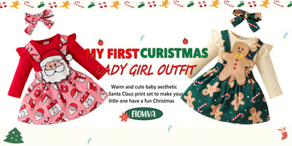 3-Piece Christmas Outfit Set For Baby Girls, 0-1 Year Old, Long Sleeve Romper With Hood, Bib, And Sash, Soft Fabric, Adorable Holiday Dressing, Outdoor Cloth