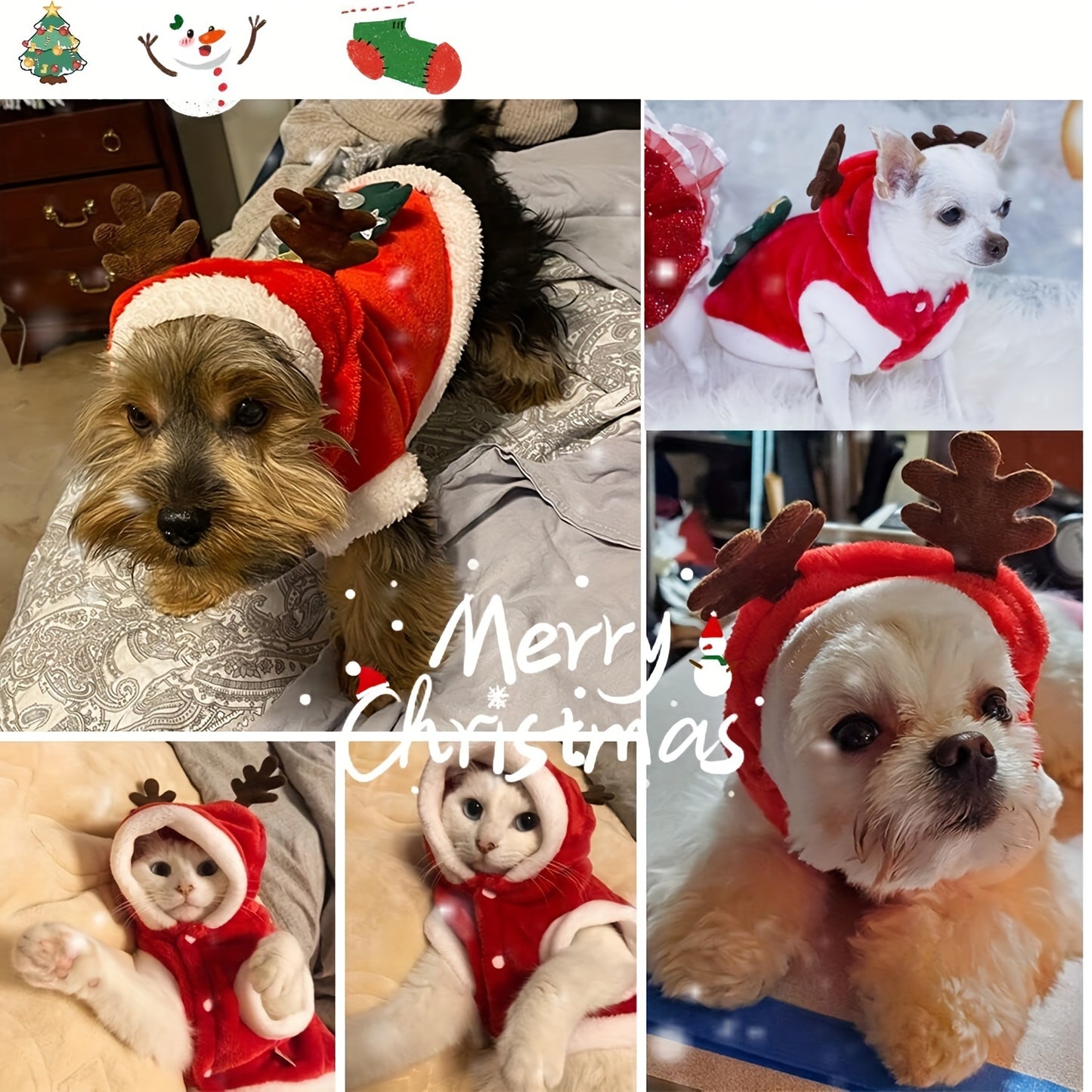 Christmas Dog Hoodie with Antlers – Santa Hat Pet Costume for Small Breeds – Warm Winter Knit Dress