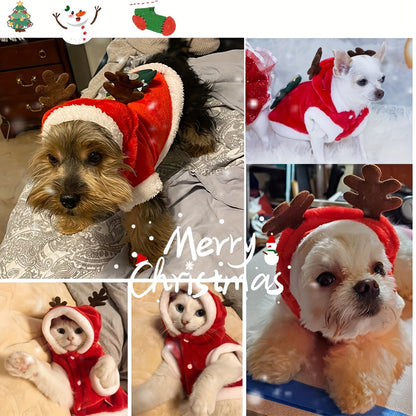 Christmas Dog Hoodie with Antlers – Santa Hat Pet Costume for Small Breeds – Warm Winter Knit Dress